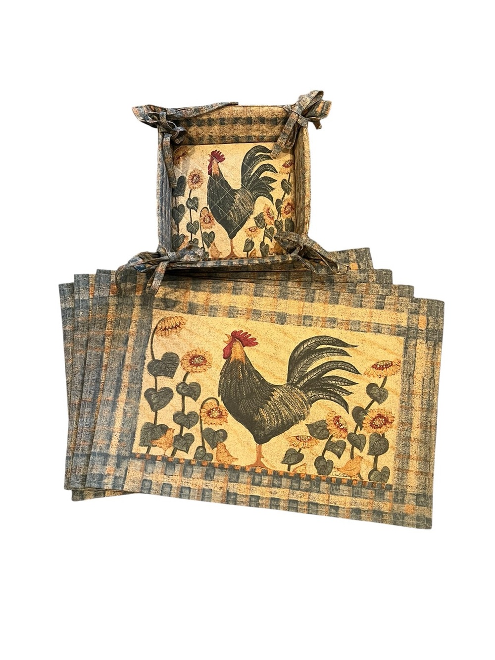 Carol Enders Park Imports Farmhouse Rooster Chicken Bread Basket & Placemats
